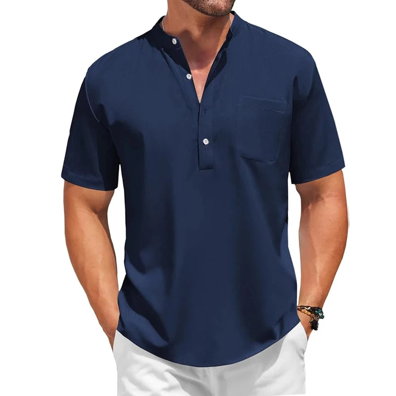 Mens Casual Henley Shirt Summer Short Sleeve Band Collar Cotton Tops Beach Hippie  Tee with Pockets Outdoor Streetwear for Men
