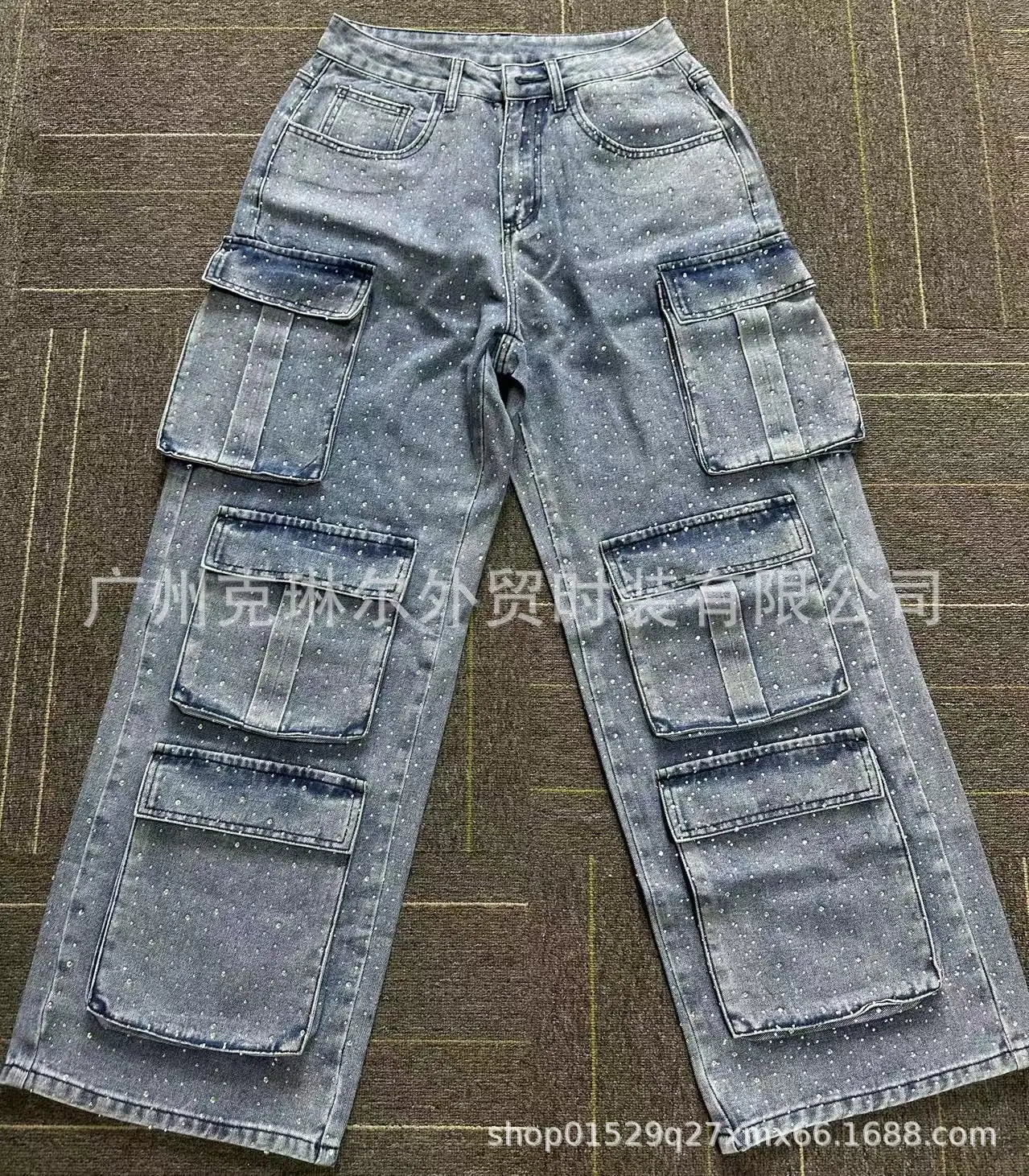New 2026 Women's High Waist Cargo Denim Jeans with Full Rhinestones Sparkling Casual Baggy Pants Streetwear Chic Daily Trousers