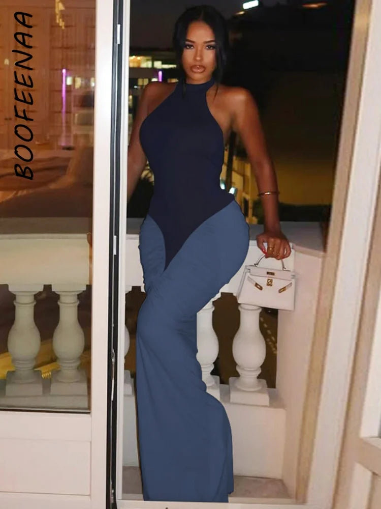BOOFEENAA Patchwork Halter Backless Maxi Dress for Dinner Evening Gown Sexy Elegant Party Dresses for Woman Fall 2025 C15-CH41
