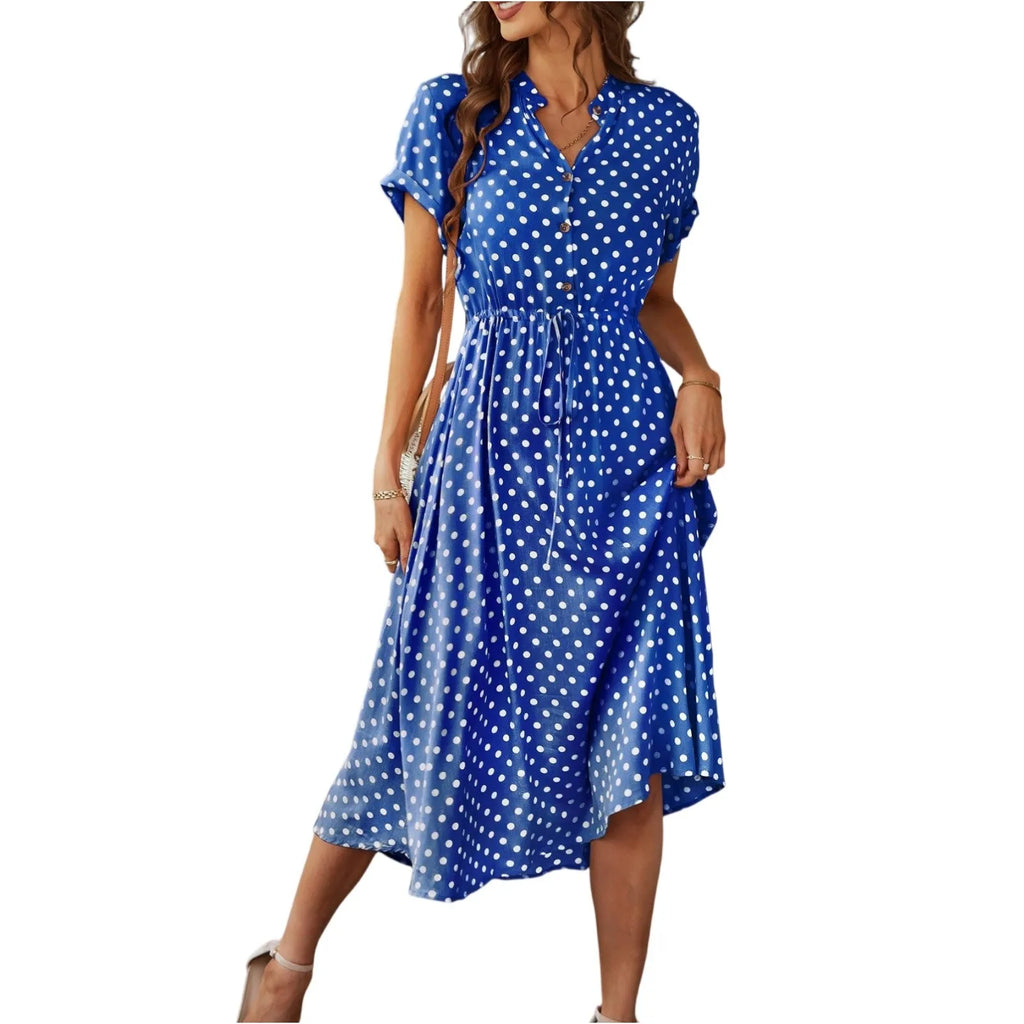 Elegant retro polka dot dress Women's Summer Midi Dress V Neck Single Breasted Short Sleeve Dresses Fashion Print Dress