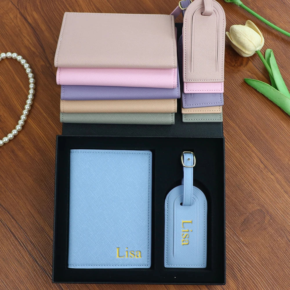 Customized Name Set, Unisex Safiano PU Leather Passport Holder and Luggage Tag Gift Box