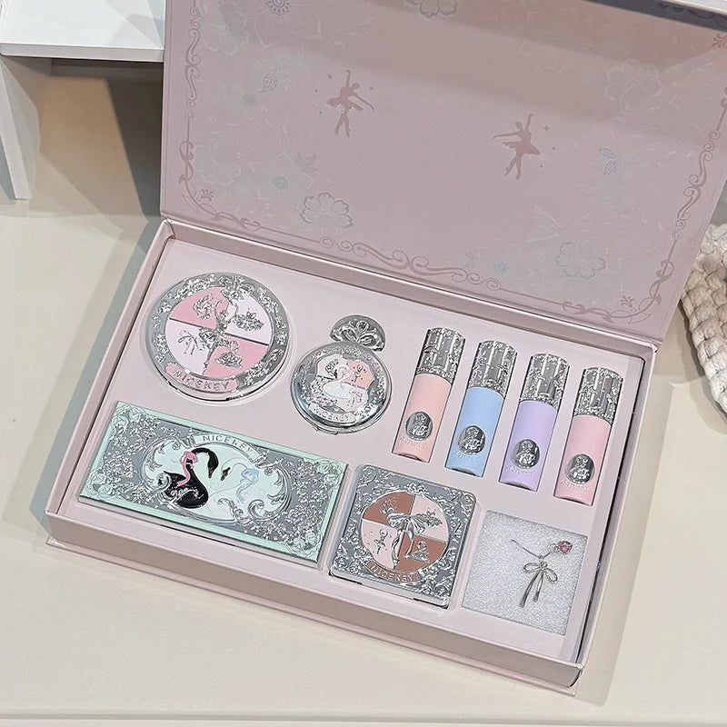 NICEKEY Face Makeup Sets Include 4 Lipgloss,1 Blush,1 Pressed Powder,1 Eyesshadow Palette,1 Contour Palette With Necklace Gift