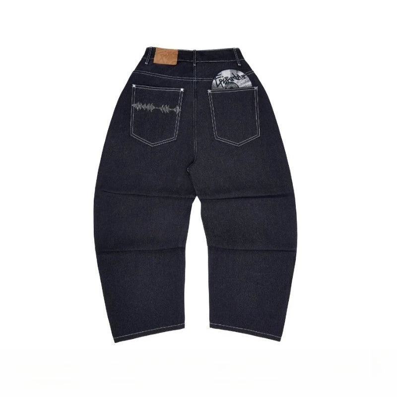 Y2K HipHop Chic Denim Jeans Trendy Disc Embroidered Pattern Retro Straight Leg Pants Casual Simple Streetwear Unisex Baggy Jeans
