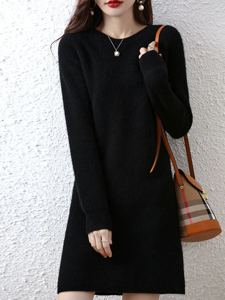 Knit Dresses for Women's Fashion Sweater 100% Merino Wool Winter Ladies O-Neck Warm Knitted Dress Fall Female Casual Black Skirt