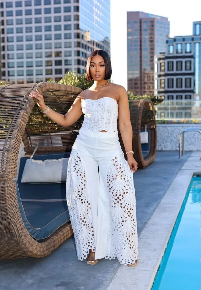 Women's Solid Color Pants Sets Hollow Out Lace Tube Top Cropped Top High Waist Trousers Two Piece Set Sexy Hot Girl Streetwear