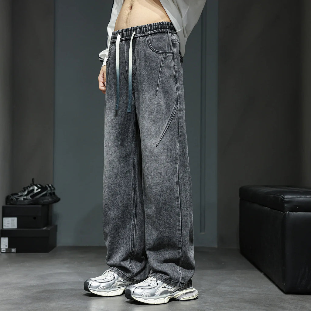 Jeans men's 2025 autumn new style American high street men's washed and worn drawstring trend straight leg denim pants