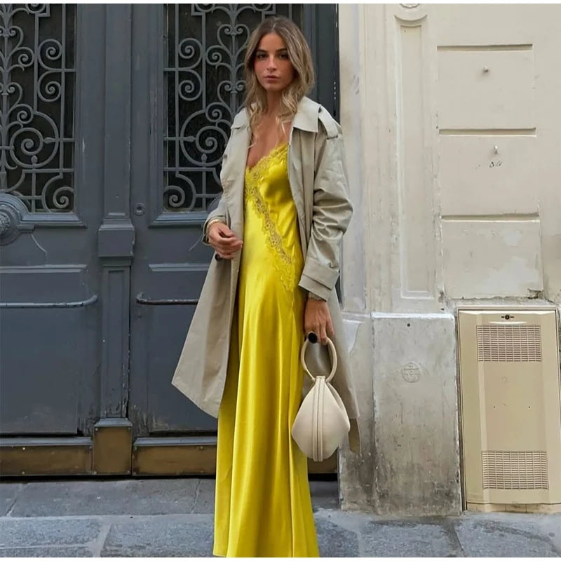 Chic Solid Lace Patchwork Satin Dress Fashion Sleeveless Off-shoulder Sling Maxi Dresses Party Daily Outdoor Casual Attire 2026