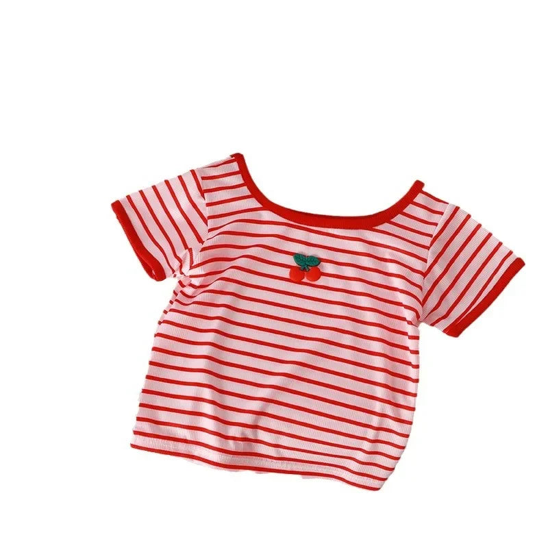 T-shirt Summer Square Collar Tops Casual Versatile Children Clothing New Baby Girls Tees Short Sleeve