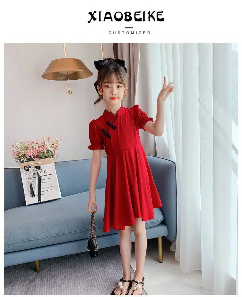 2026 Kids Girls Solid Chinese Red Cheongsam Qipao Princess Teenager New Year Dresses Clothing 4 7 8 9 10 12 14 Years