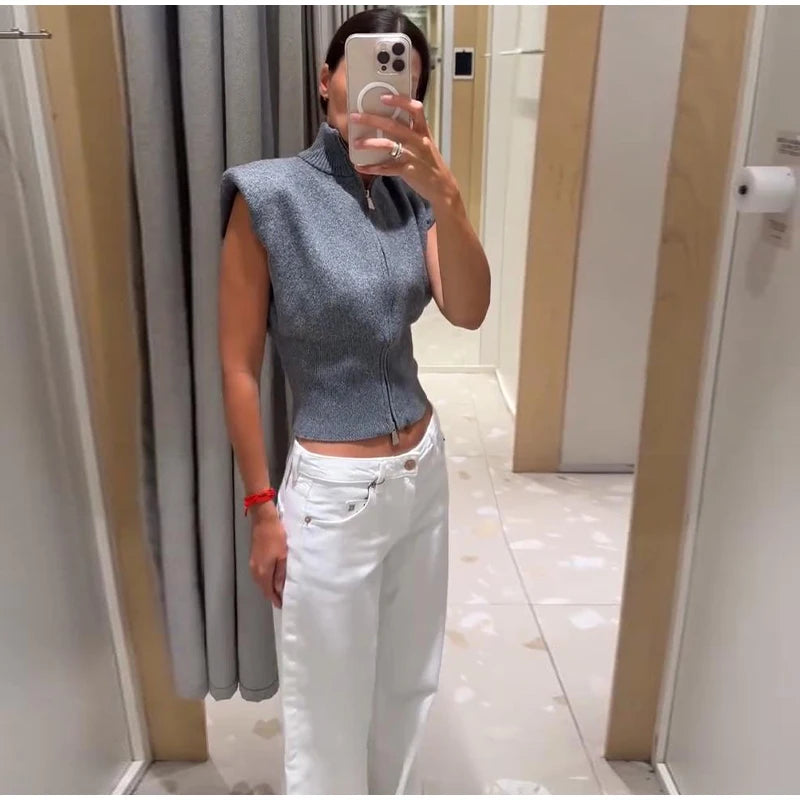 Women's Double Zipper Knit Vest Stand Collar Shoulder Pad Sleeveless Slim Cropped Sweater 2026 Autumn All-match Casual Outfits