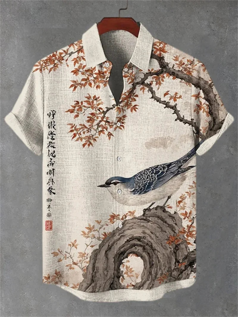 Hawaiian Casual Shirt Men's Summer 3D Wave Print Retro Short Sleeved Linen Top Suitable for Clothing Tops