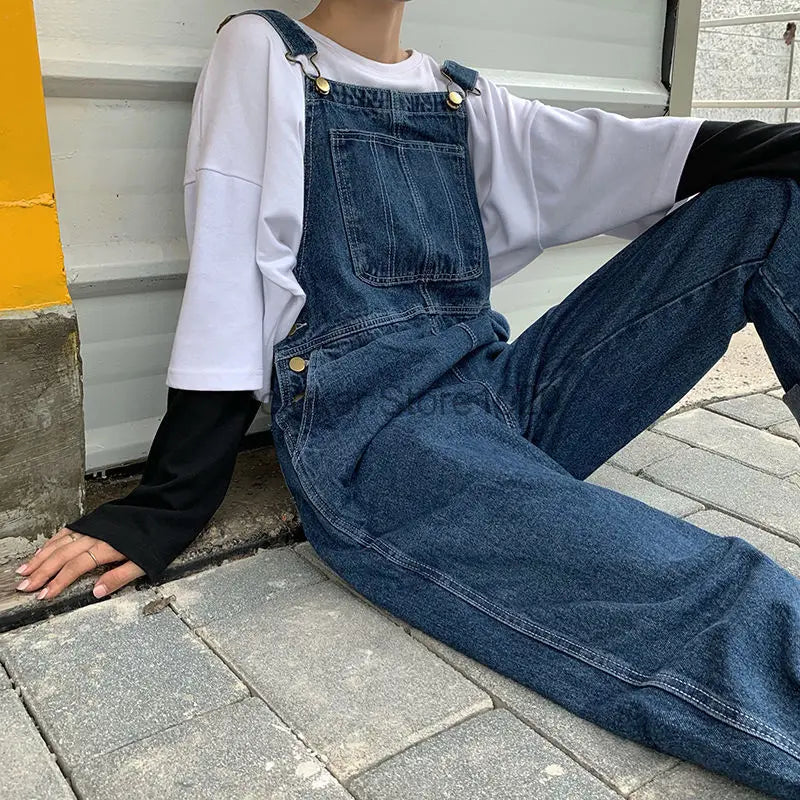 New Men's Denim Overalls Casual Multiple Pockets Loose Splice Straight Rompers Fashion Adjustable Suspenders Jeans For Male