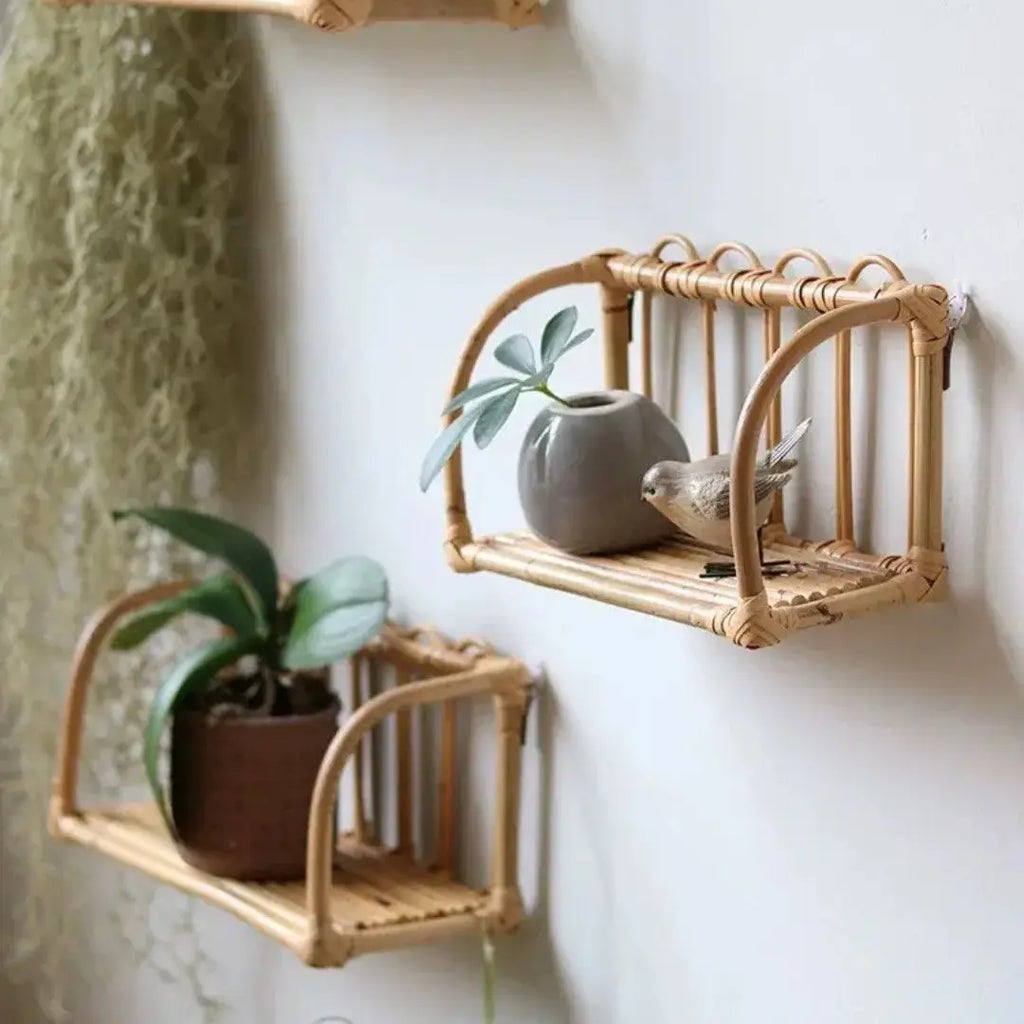 Rattan Wall Shelves Home Organizer Kitchen Storage Living Room Home Decor Small Bookshelf Nordic Log Style Storage Rack