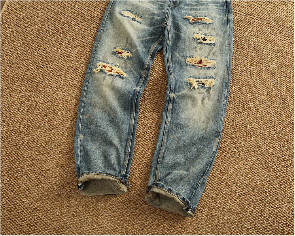 2025 Autumn New American Retro Heavyweight Ripped Denim Men's Fashion 100% Cotton Washed Old Straight Tapered Casual Jeans
