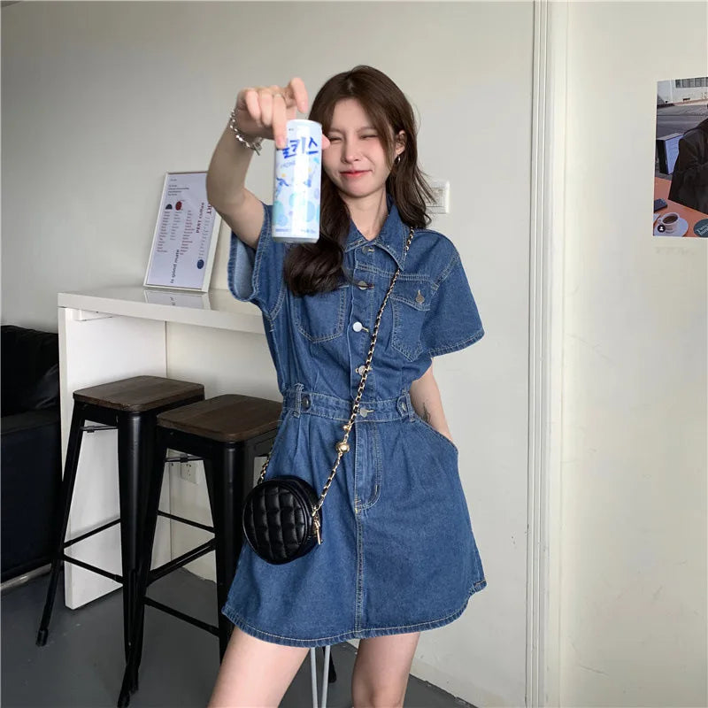 Women Vintage Denim Shirt Dress High Waist A-line Jean Mini Dress for Ladies Retro Y2K Streetwear Dresses for Women Party Outfit