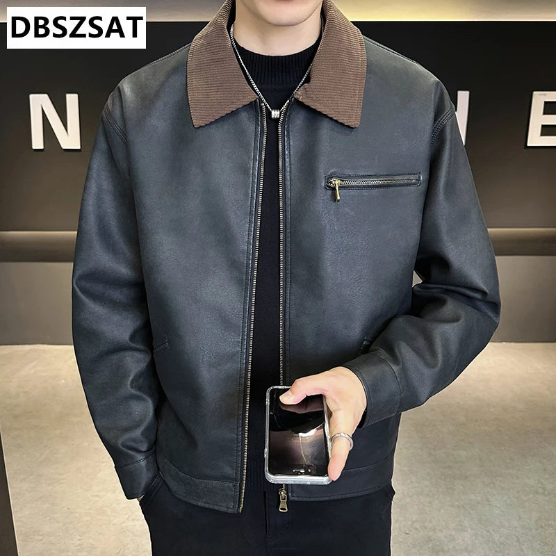 2029  Motorbiker Jacket Men's American Autumn Winter Hip-hop PU Leather Jackets Men Streetwear Racing Motorcycle Wear