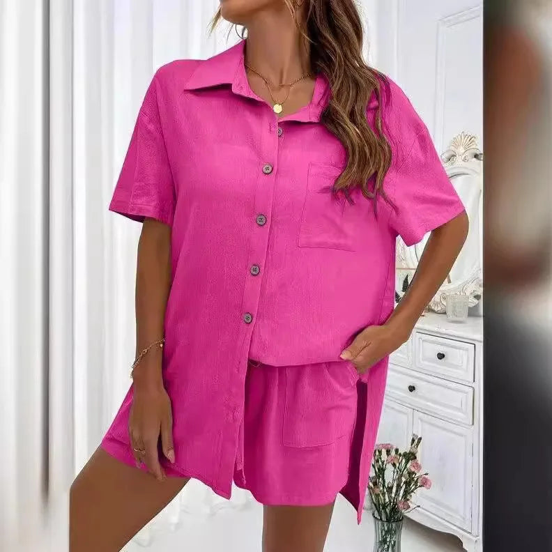 Solid Color Single Breasted Top Casual Loose Short Pants Sets Women Summer Women's 2 Pieces Suit Full Set Female Outfit Clothes