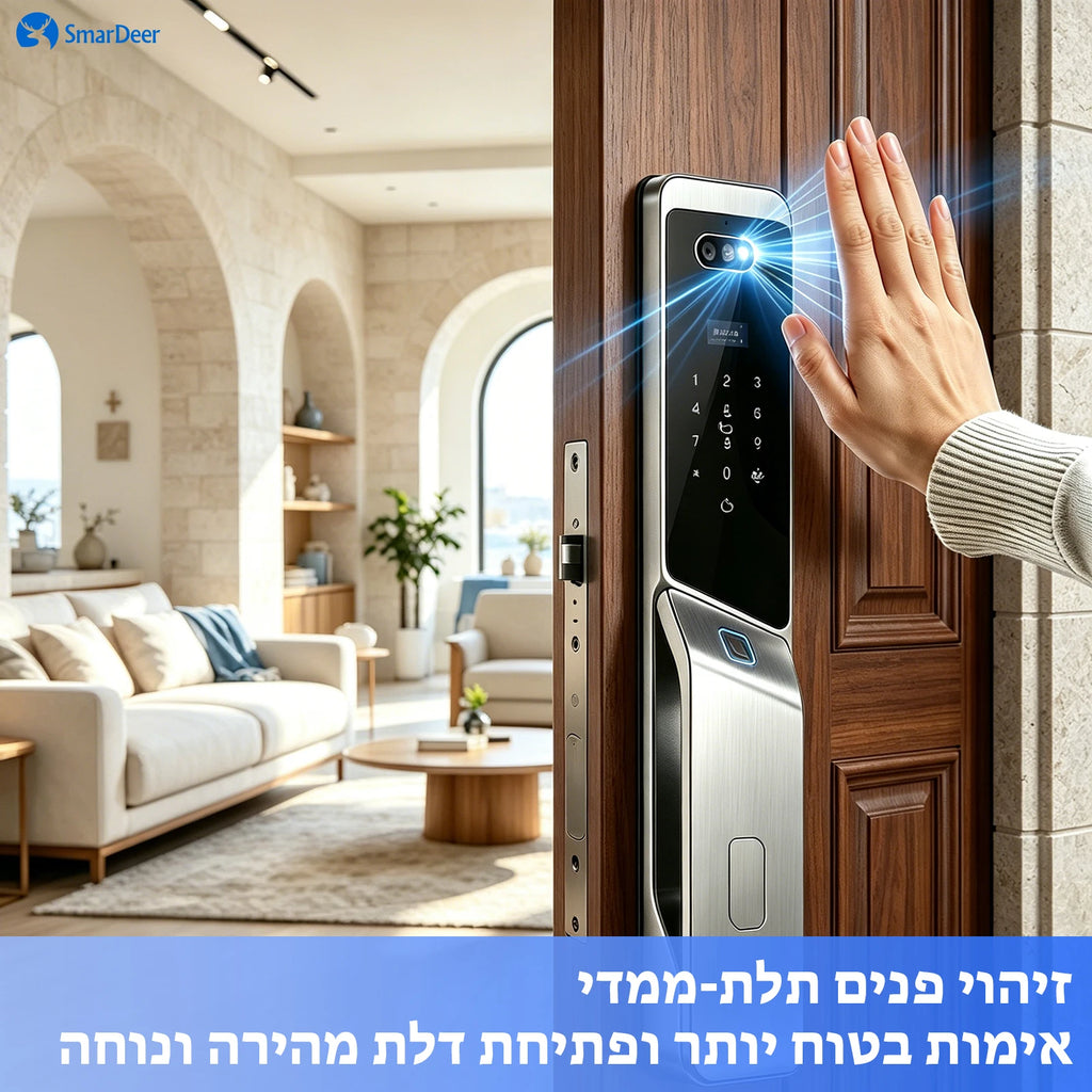 SmarDeer 6590 Israeli Standard Mortise Smart Lock, Tuya WiFi 3D Face Palm Vein Lock, IP66 Waterproof Hebrew Support
