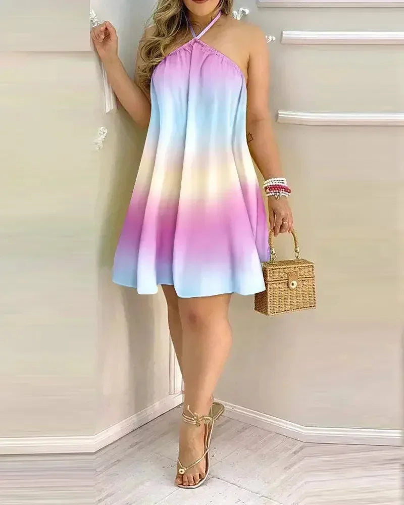 Ladies Halter Neck Sleeveless Mini Dress Striped Print Loose Casual Beach Vacation Dress