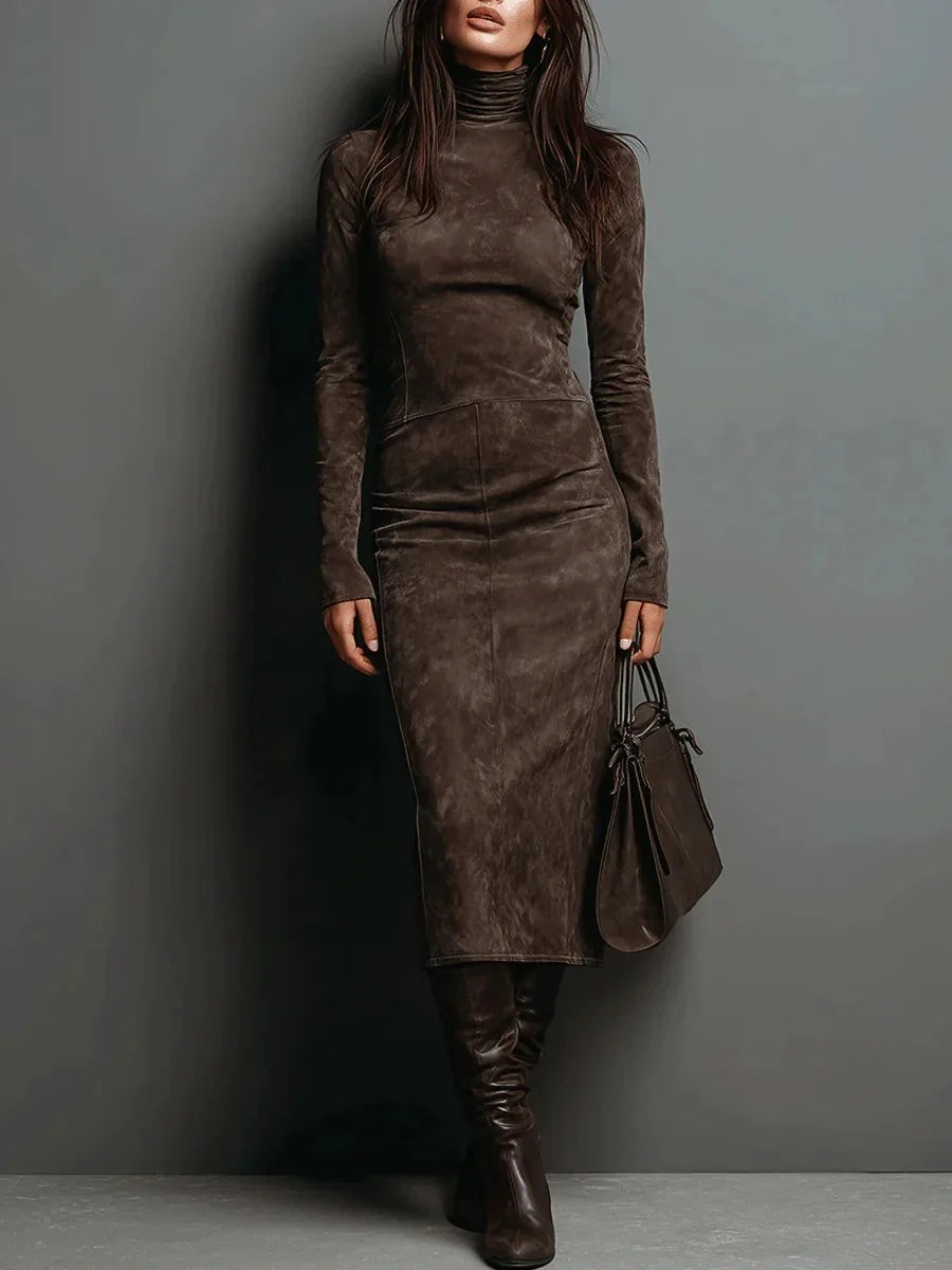 Women's Dress Elegant Slim American Retro Long Sleeve Turtleneck Suede Leather Vintage Solid Autumn Spring Midi Dresses