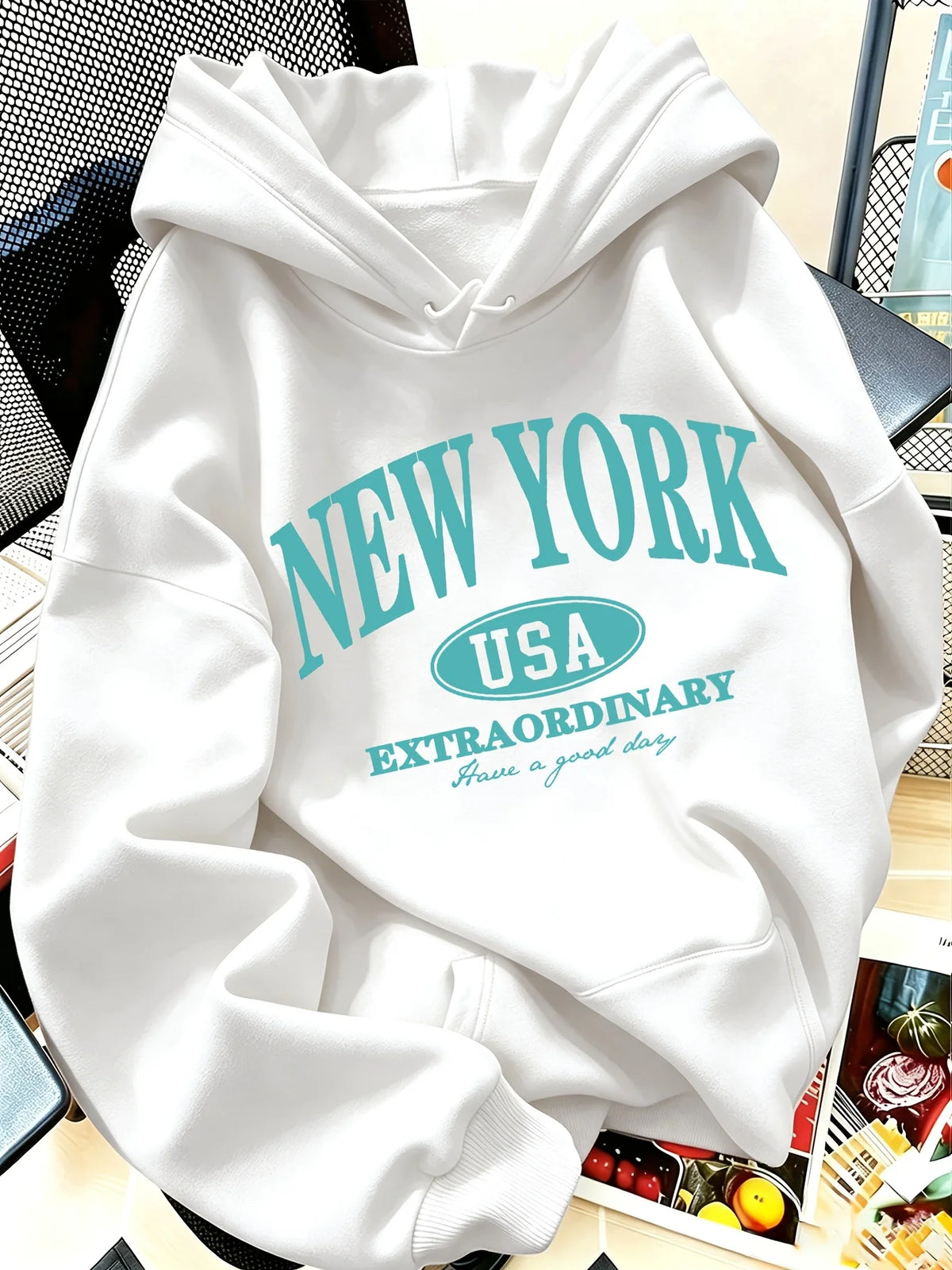 Letter NEW YORK Print Hooded Sweatshirt Women's American Vintage Style Pullovers Graphic Casual Streetwear Clothes Female Outfit