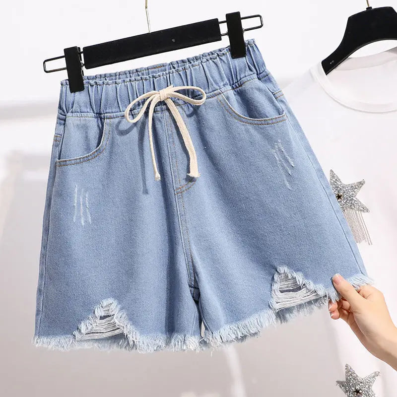 Denim Shorts for Women Korean Style Young College Girls Clothing Summer Elastic Waist Fashion Soft Loose Streetwear Chic Pockets