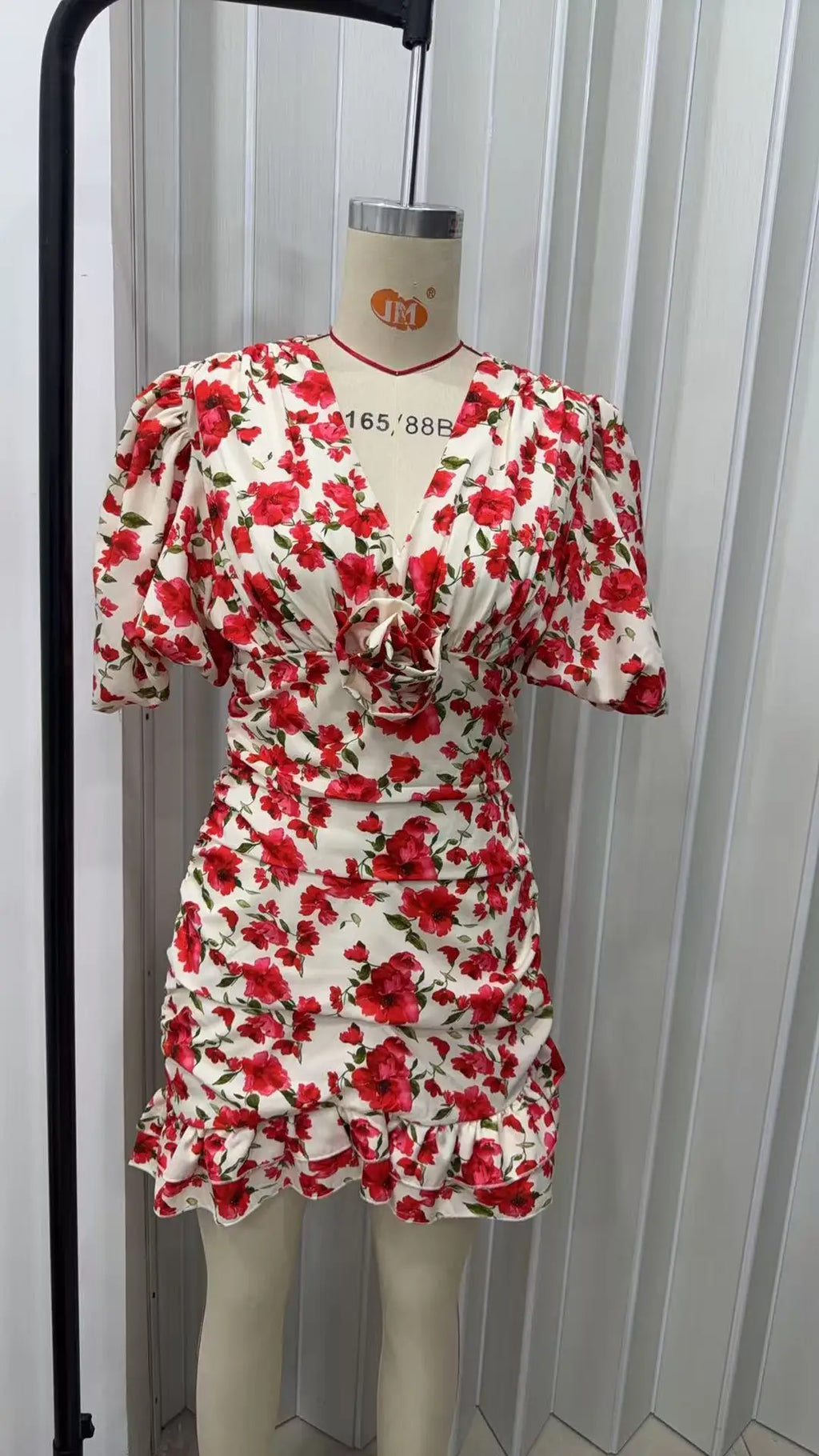 Fashion Women V Neck Printed Short Dress Puff Sleeve Waist-cinching Lace Up Mini Dresses Lady Chic Daily Street Gown 2026 Summer