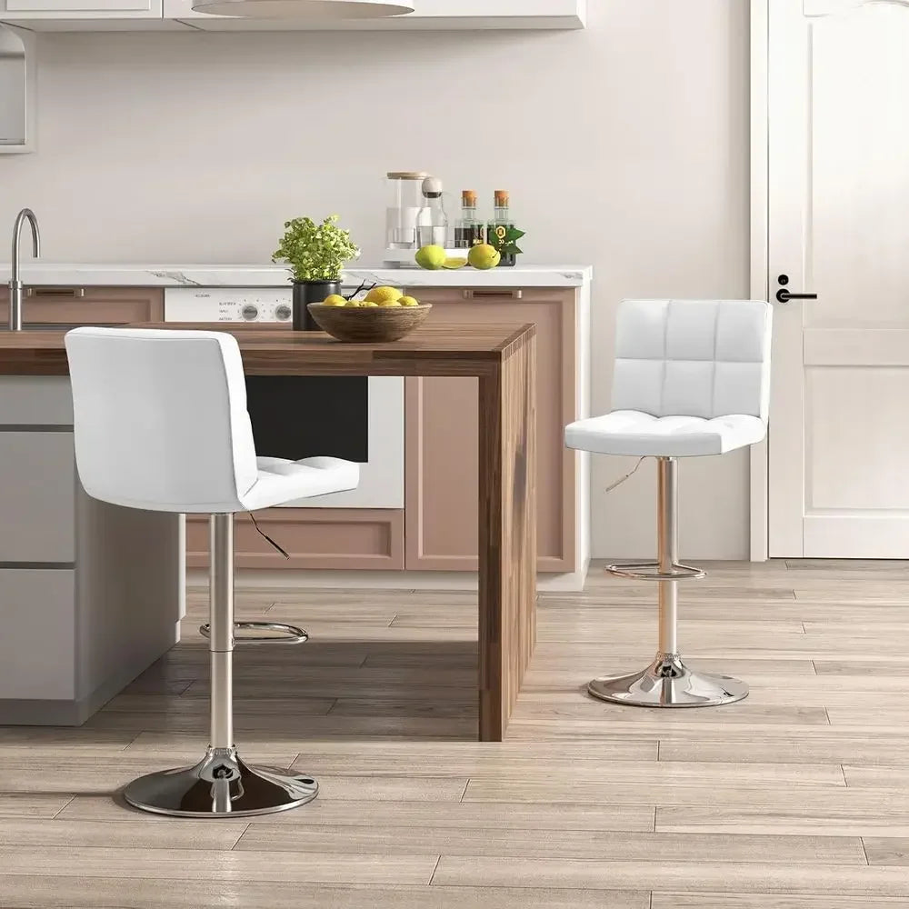 Set of 2 Adjustable Swivel Bar Stools with Backrest and Footrest, White Leatherette, Suitable for Kitchen Island or Home Bar