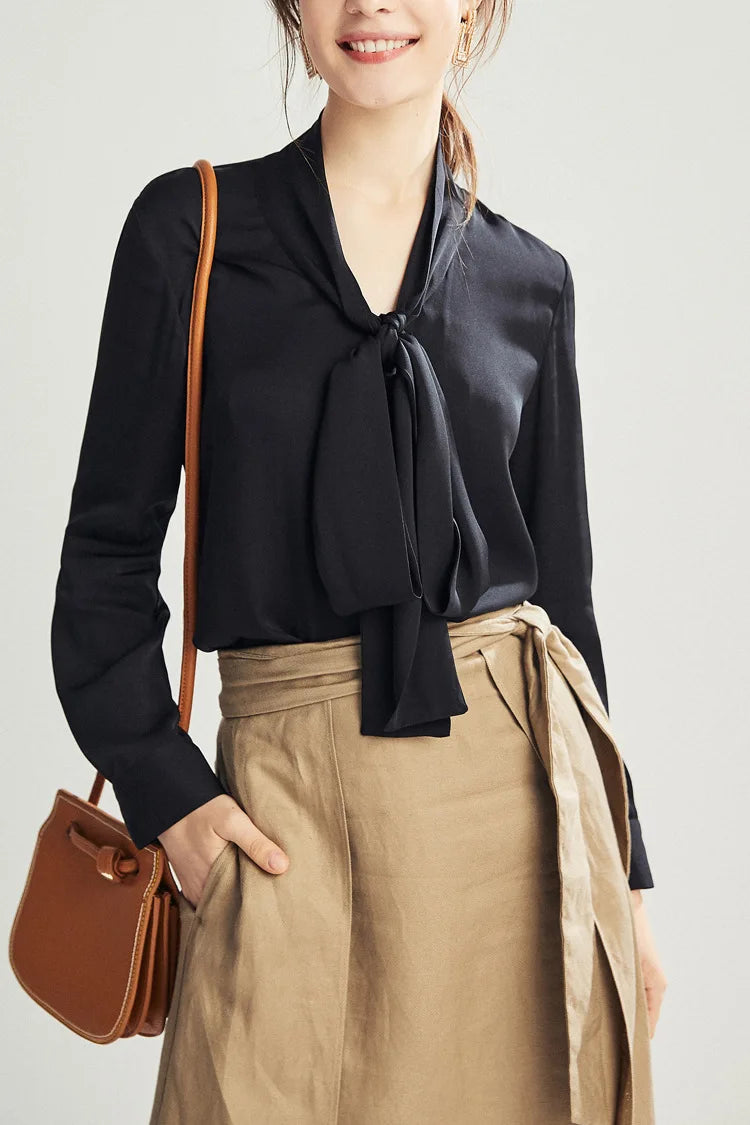 Spring Summer Silk Ribbon Blouse 90% Mulberry Silk Lace Up Long-sleeve Elegant Tops