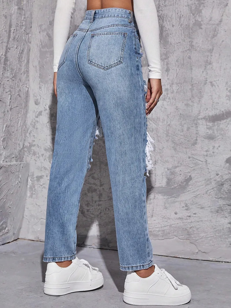 Women's High Waist Ripped Denim Jeans with Distressed Knee Holes and Straight Leg Fit for Casual Streetwear Fashion