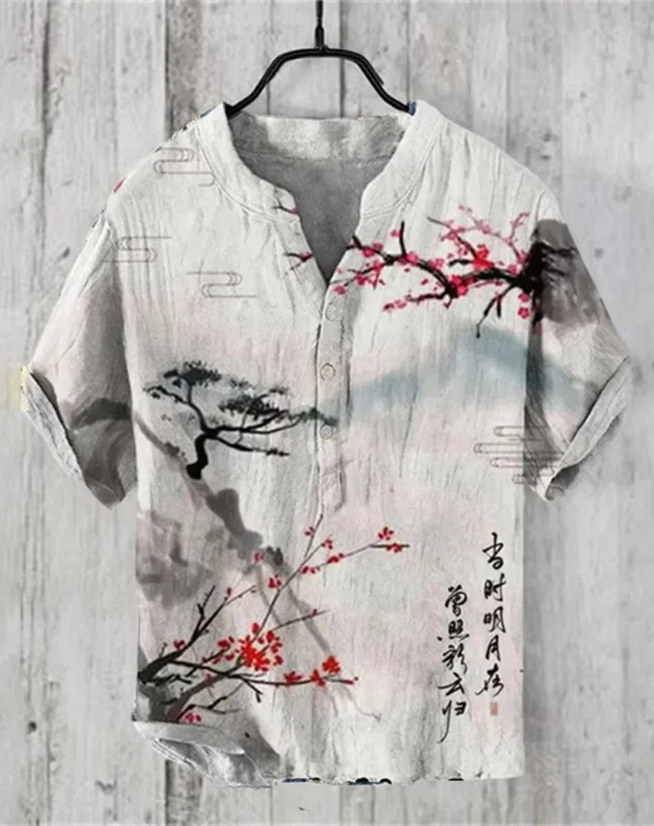 Hot sale Henry shirt 2025 summer men's casual short-sleeved T-shirt floral print top linen blend comfortable fabric XS-6XL size