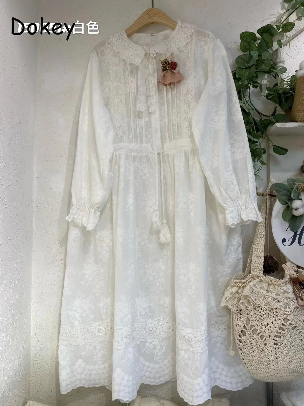 Vintage Embroidery Long Sleeve Cotton Linen Dresses Women Japanese Mori Girl Ruffled Lace Collar Loose Midi Dress Casual Vestido