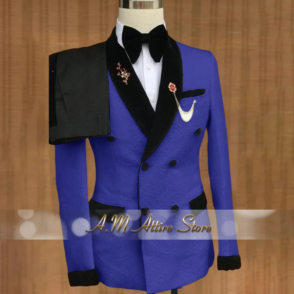 Luxury Wedding Attire for Men Tailored White Jacquard Suit with Black Velvet Shawl Lapel Accents for Grooms & Bridal Party 2PCS