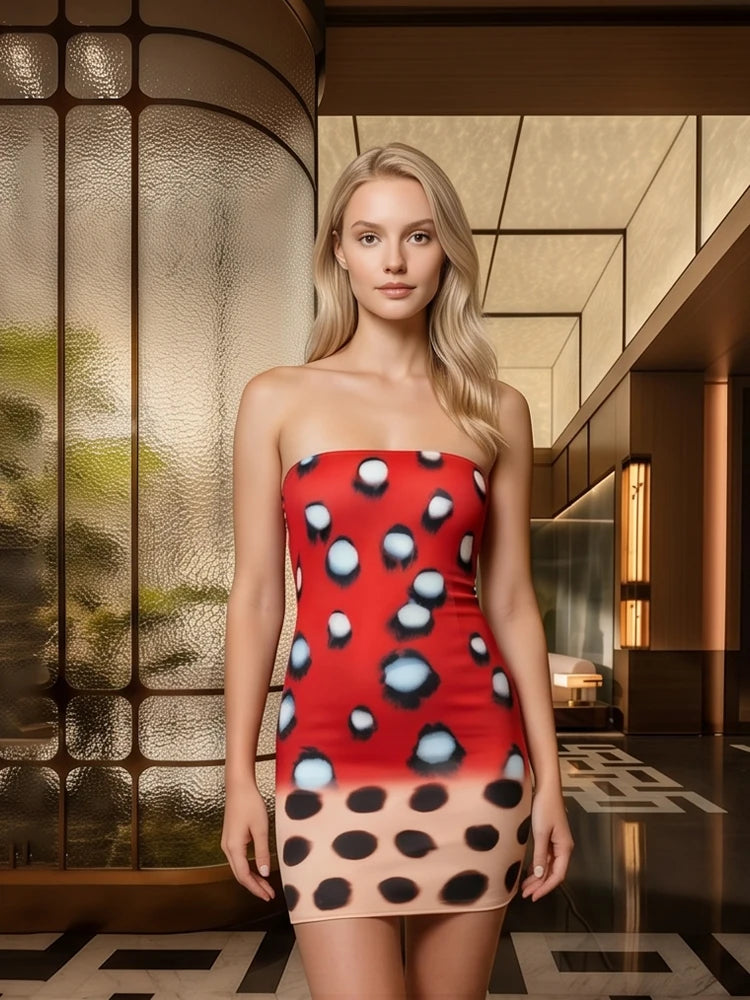 Women Two Tone Dot Print Long Sleeve Split Midi Dress Y2K Deep V Drawstring Slim Mermaid Skirt 2026 Street Club Party Outfit