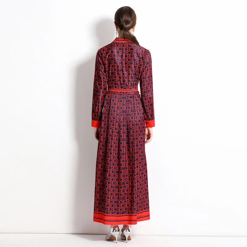 2025 Spring New Silk Satin European and American Fashion Waist slimming Printed Dress with Belt and Knee length Skirt