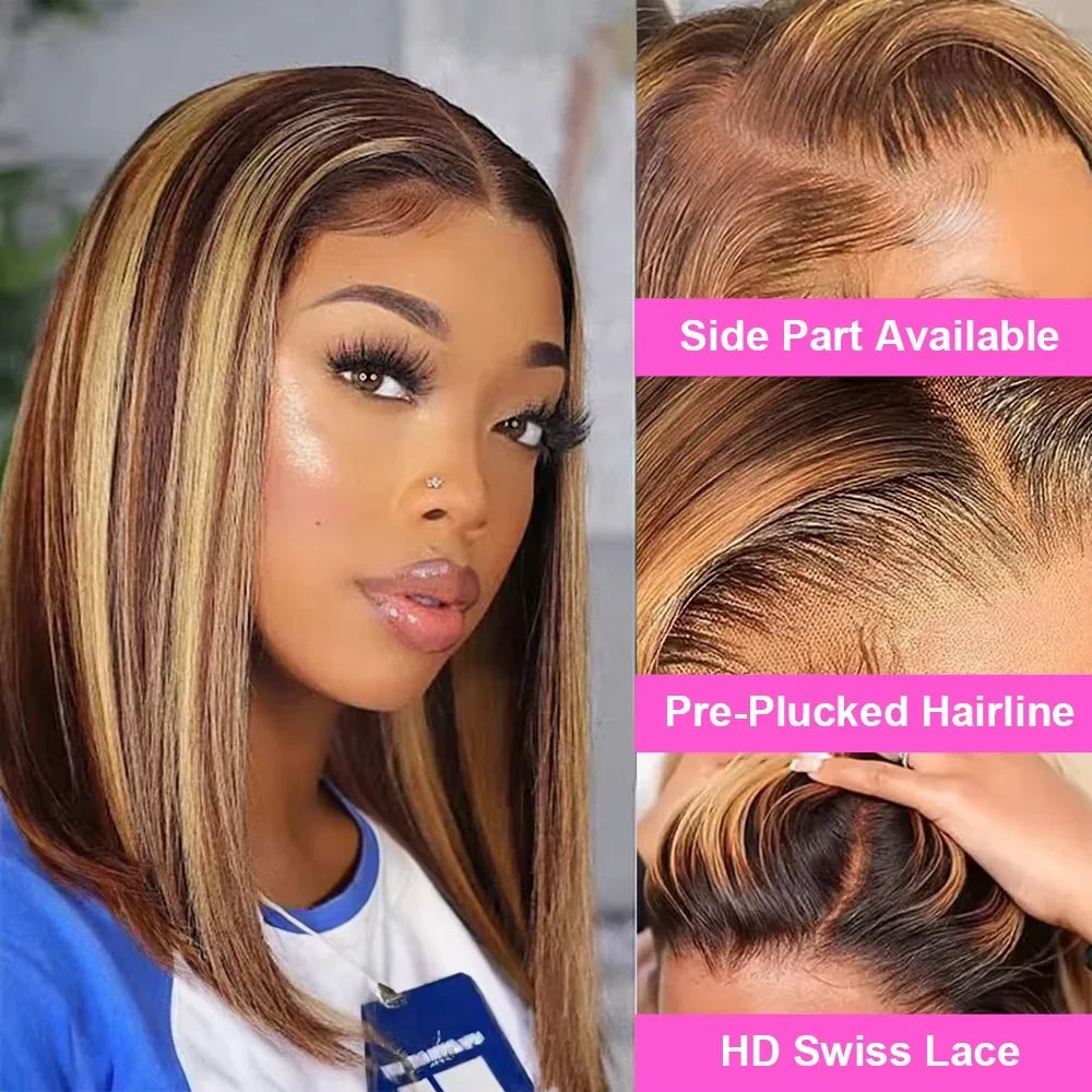 200% Density Short Bob Wigs Highlight Straight Lace Front Wigs Blonde 13x4 Transparent Lace Front Wig 100% Human Hair 427#16Inch