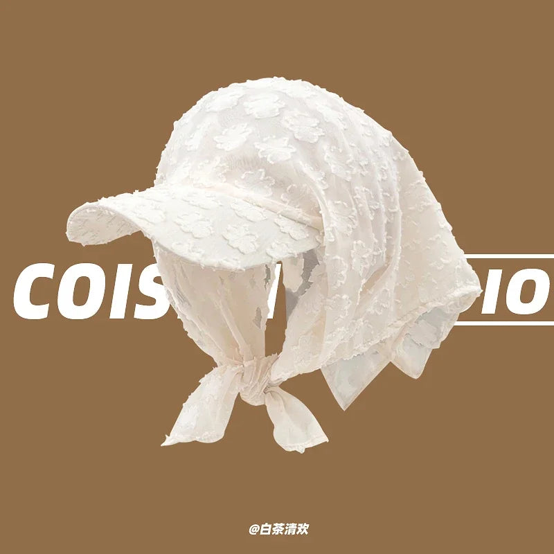 Japanese Sweet Flower Chiffon Lace Strap Headscarf Cap Women Spring and Summer Travel Sun Protection Versatile Fashion Sun Hat