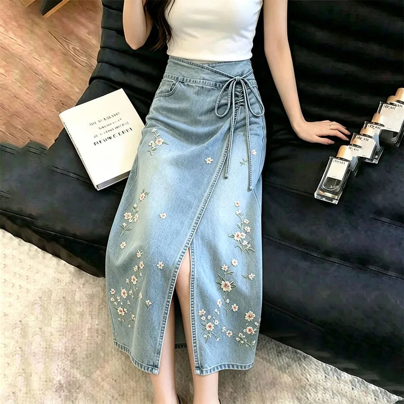 Side Slit Denim Long Skirts Womens Summer Vintage Floral Embroidery Jeans Pencil Skirt Bandage High Waist Women Long Skirt