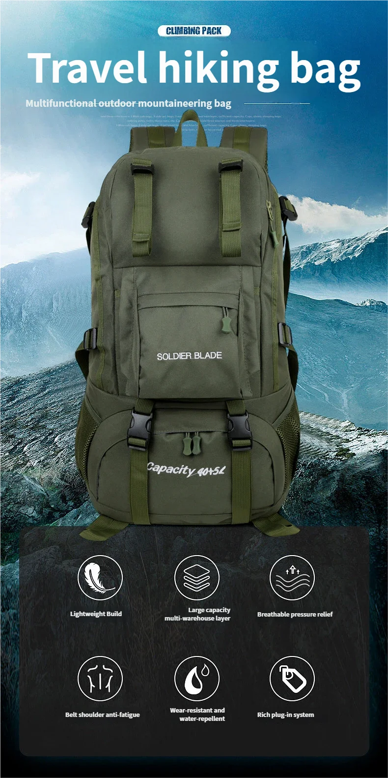 40L Travel Tactical Backpack Men Women Outdoor Travel Cycling Large Capacity Waterproof Lightweight Weight-Lifting Hiking Bag