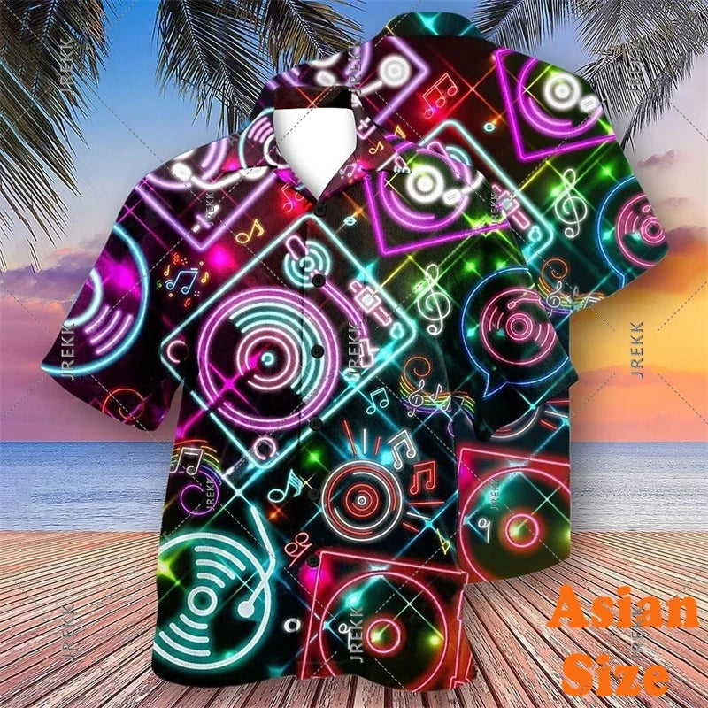 DJ Music Party Neon Print Hawaii Shirt Men's Clothing Cool Guitar Streetwear Shirts Bar Personality Trend Button Blouse 2025