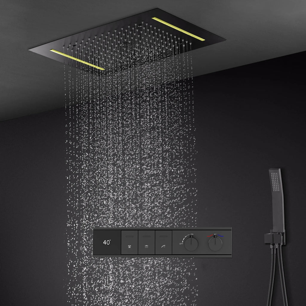 Digital Shower Set Ceiling Rain Shower Head LED Black Thermostatic Mixing Valve