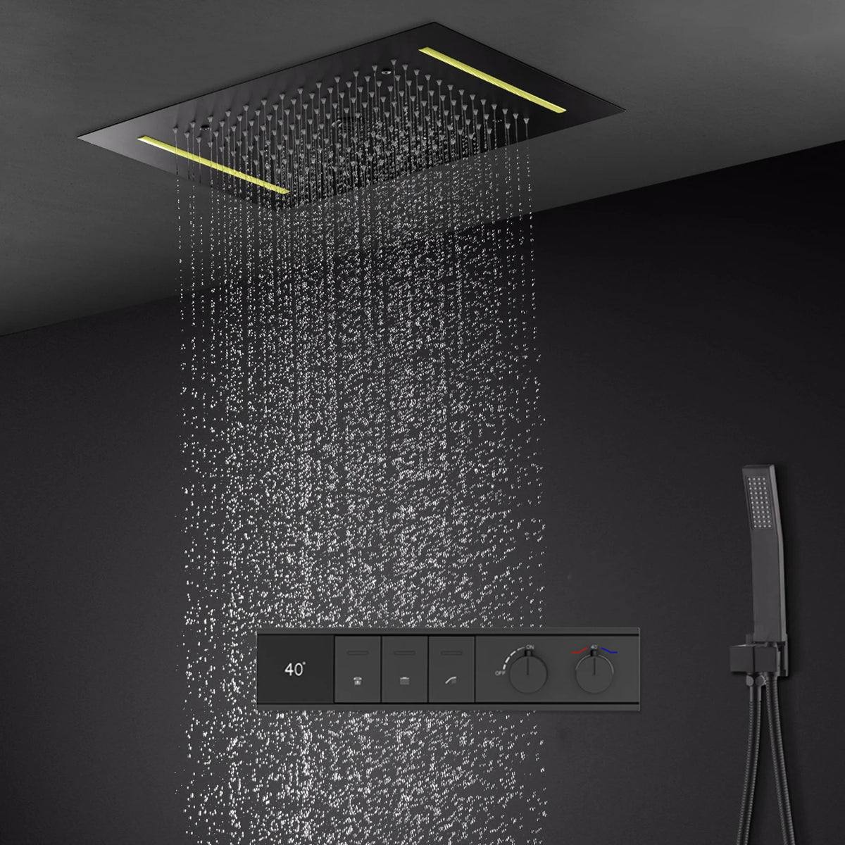 Digital Shower Set Ceiling Rain Shower Head LED Black Thermostatic Mixing Valve