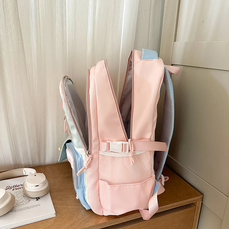 Women's Pastel Color Block Backpack Clear Display Pockets Plush Charm Bow Detail Adjustable Strap Casual Daily Itabag School Bag