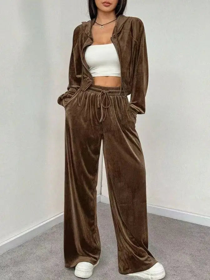 Women's Pink Velvet 2-Piece Activewear Set Zip Cropped Hoodie + Wide Leg Pants Fashionable Casual Waist Slimming Versatile Style