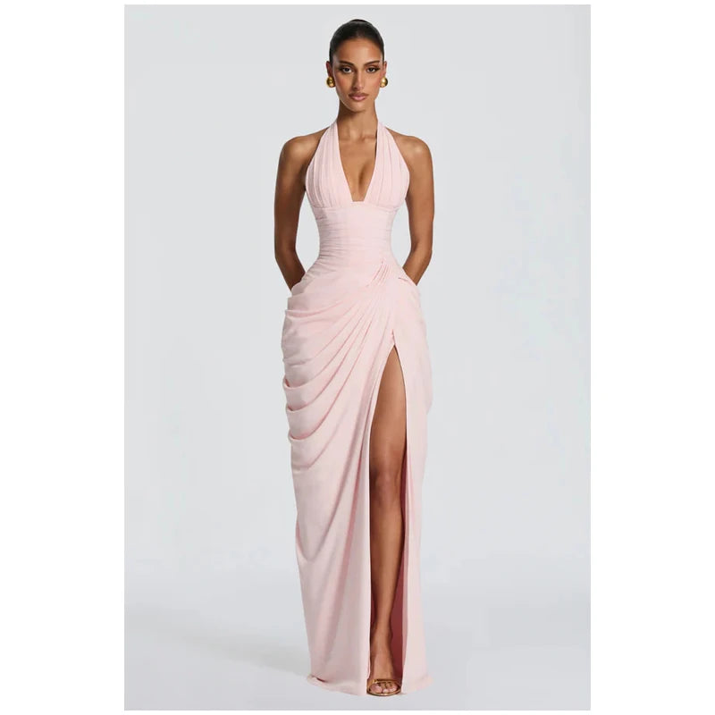 Women Fashion Solid Pleated Halter Dress Waist-cinching Sleeveless Backless Split Maxi Dresses 2026 Sexy Summer Lady Party Gowns
