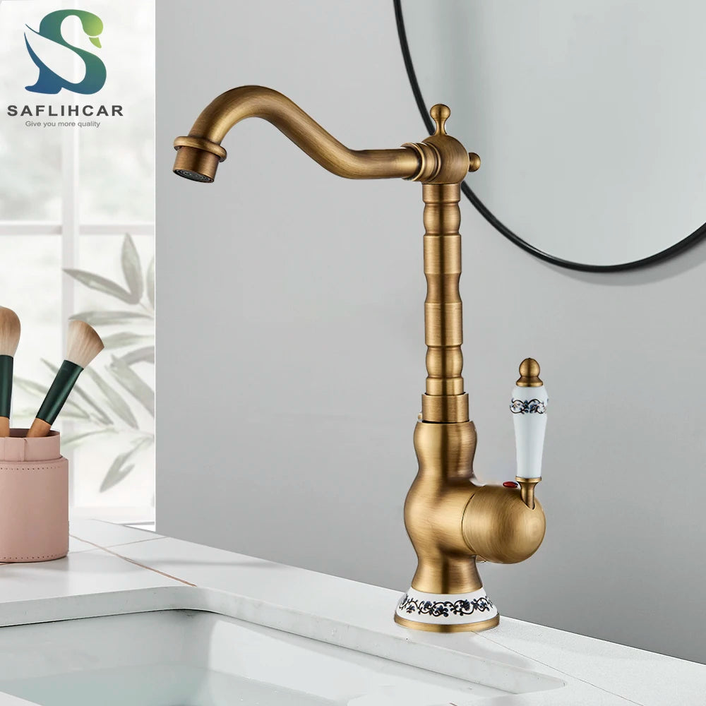 Antique Brass Bathroom Faucet Hot & Cold Mixer Tap Single Hole Single Lever Rotatable Ceramic Handle for Kitchen