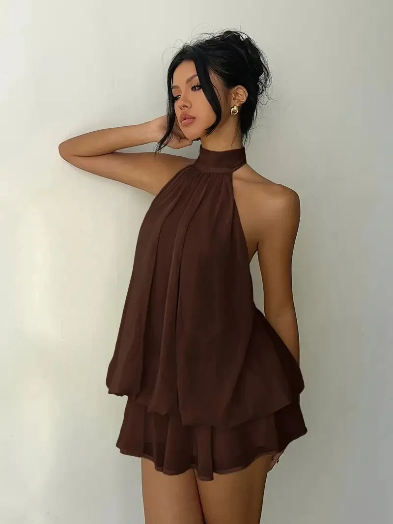 Women Halter Neck Backless Tie Mini Dress Summer Sleeveless Chiffon Ruffle Short Dresses Sexy Club Party Beach Vacation Outfit