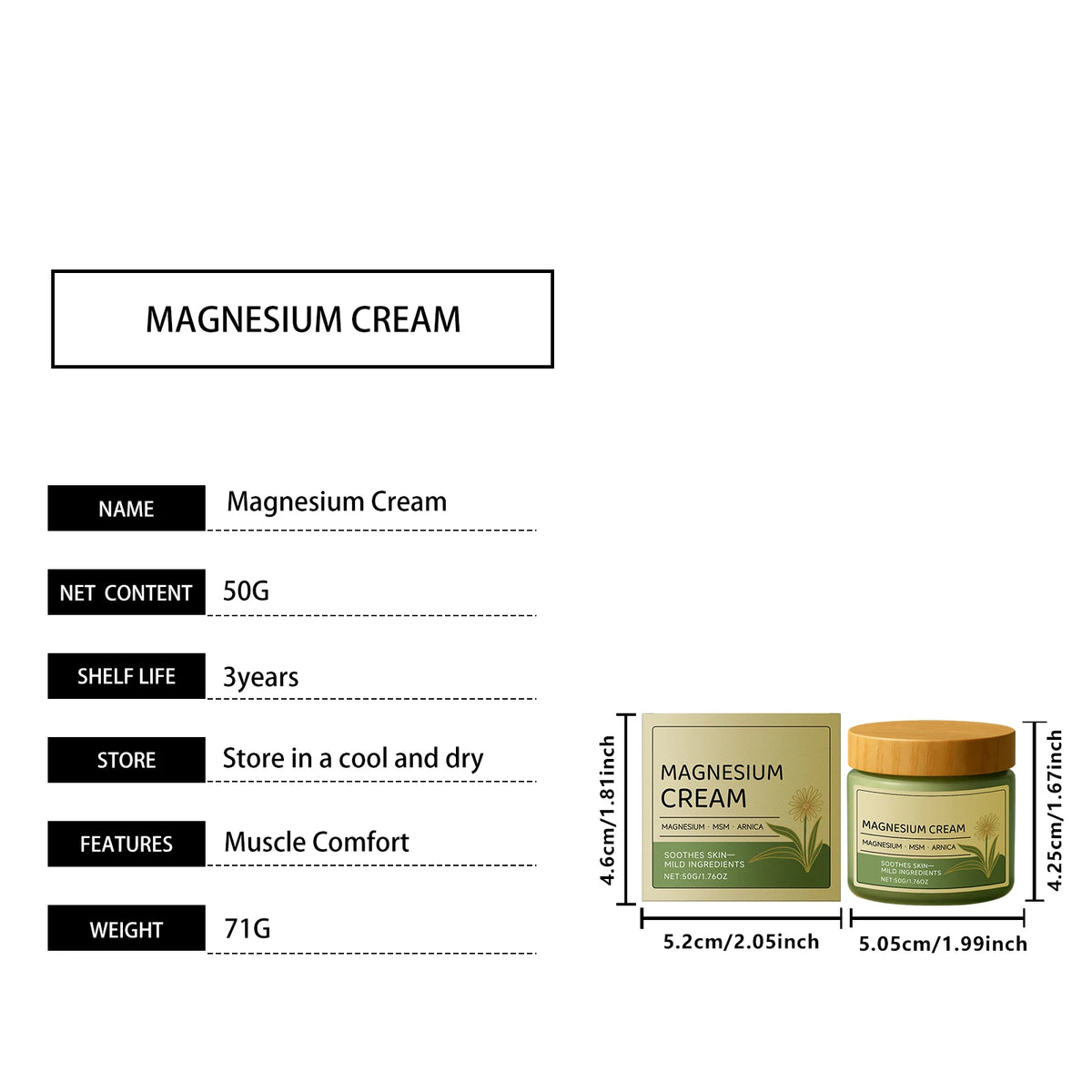 50g Relief Soothing Magnesium Soothing Body Cream Non-Greasy Knees Muscles External Massage Care MSM Arnica Mild Daily Care