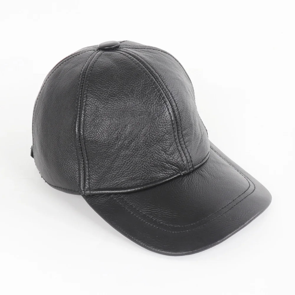 New Men Casual Real Leather Earflap Cap Men Real Cowhide Leather Caps Male Fall Winter Genuine Real Cow Leather Baseball Hats