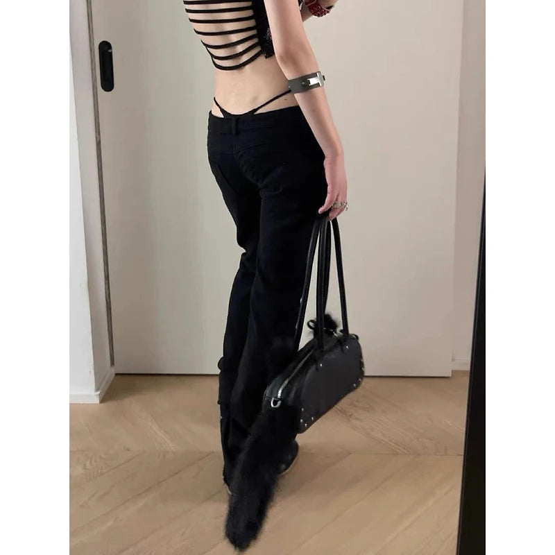 ZHIZOU Women Low Rise Jeans Black Flared Denim Pants Gyaru American Retro Korean Cyber Punk Trumpet Jeans Y2k Skinny Bell Bottom